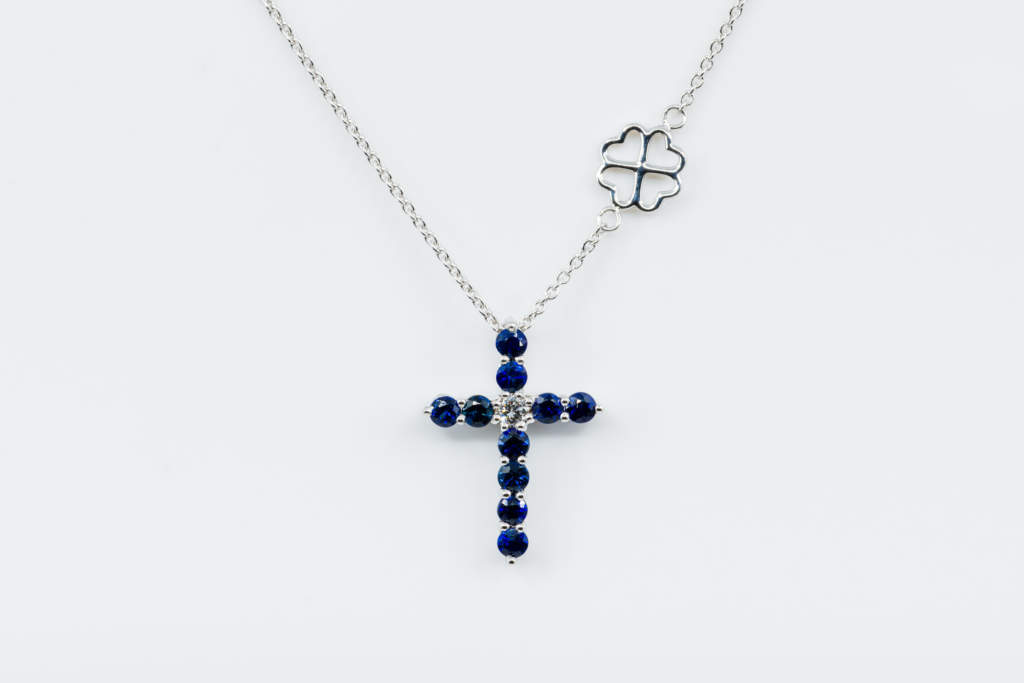 Collana Croce Fidelis bianco zaffiri - Casavola - Gioiellieri dal 1882 - Noci - Misura Grande - Regalo battesimo