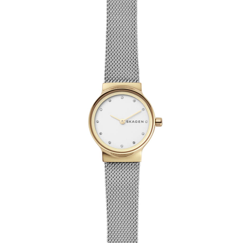 Skagen Orologio RIIS per donna, Movimento al quarzo a tre lancette con cinturino in acciaio inossidabile o in pelle, 36 mm, Tono oro e tono argento