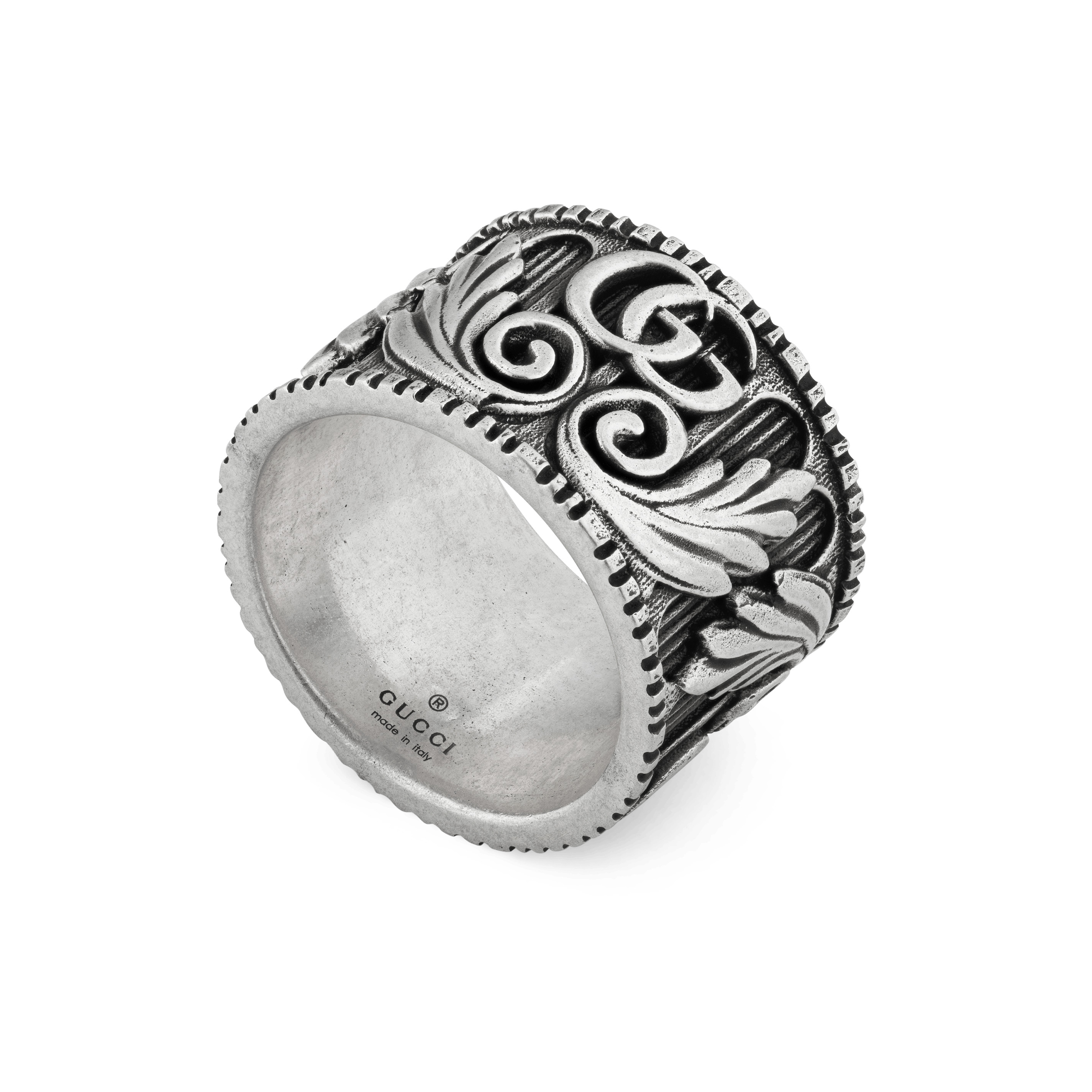 Anello Gucci a Fascia Alta in Argento Anticato con Fiori e Logo GG |  Gioielleria Baravelli | Ferrara e Finale Emilia