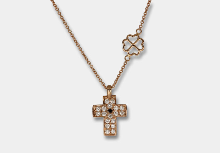 Collana croce diamante nero Angelus Rosé Light - Gioielleria Casavola di Noci - idee regalo battesimo importante