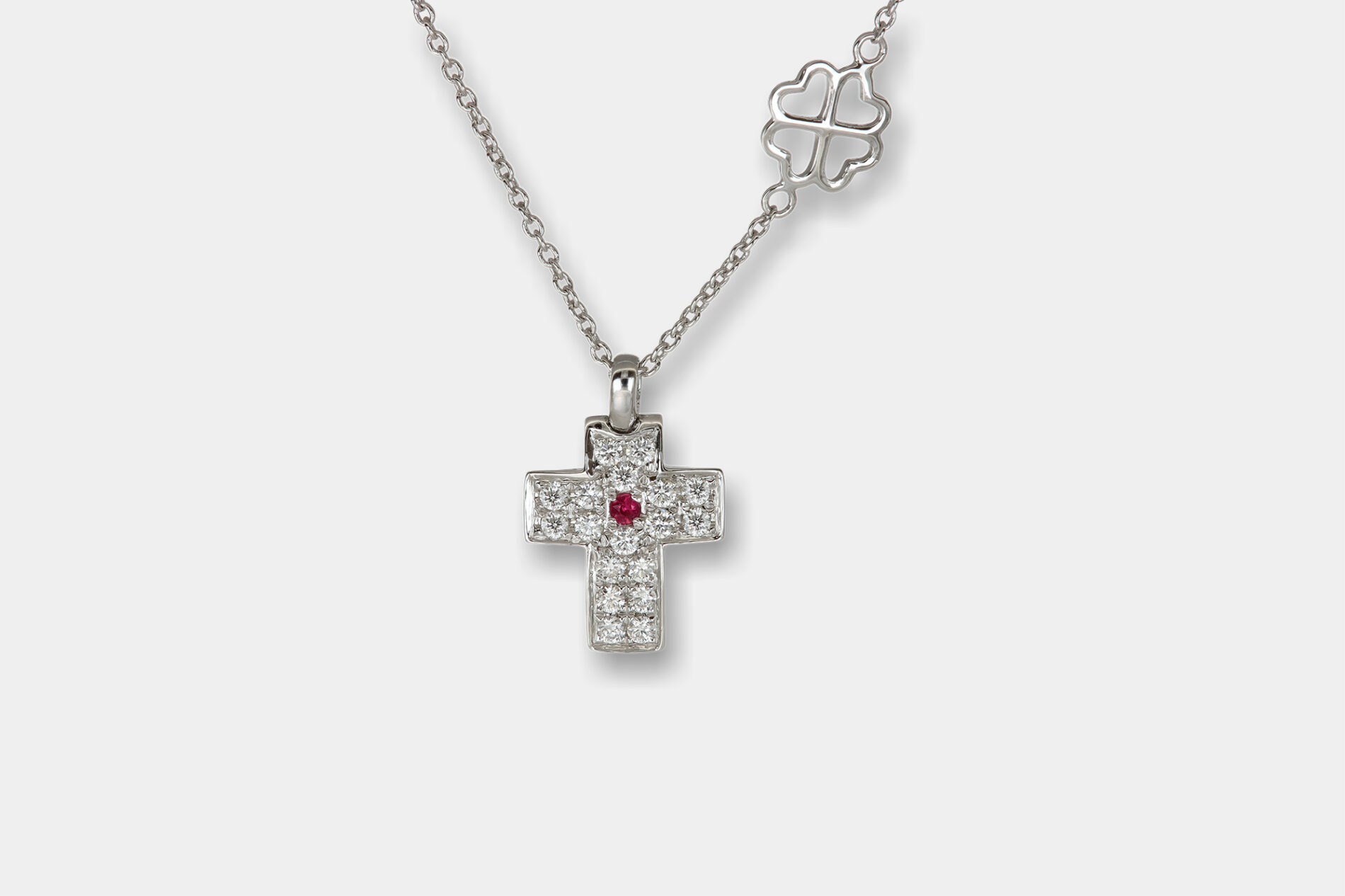 Collana croce diamanti e rubino Angelus White Light - Gioielelria Casavola di Noci - idee regalo battesimo importante