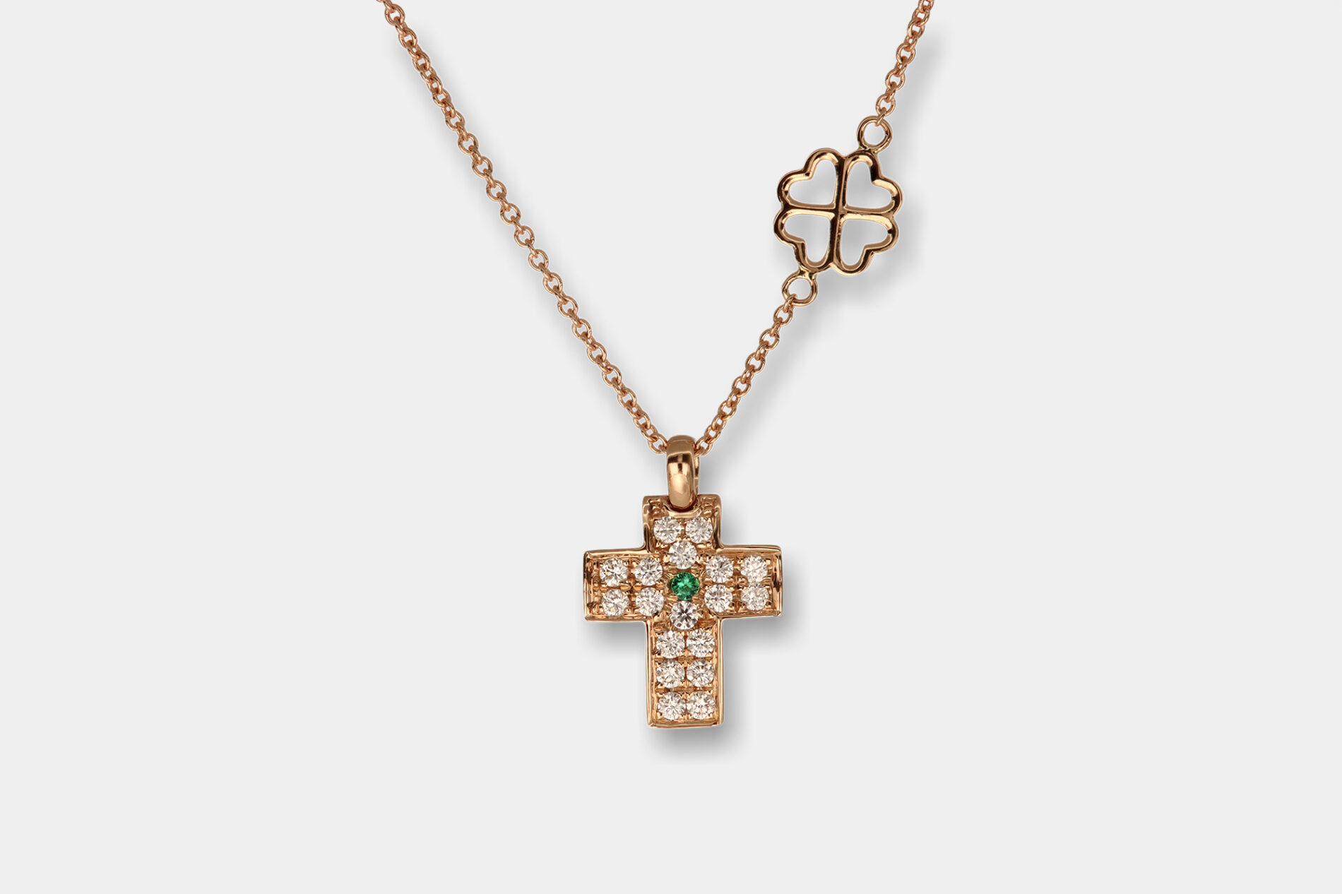 Collana croce diamanti e smeraldo Angelus Rosé Light - Gioielleria Casavola di Noci - idee regalo battesimo importante