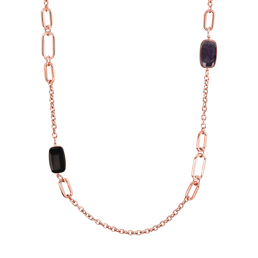 Collana lunga pietre naturali Bronzallure WSBZ02092AMBO - Gioielleria Casavola di Noci - idee regalo sorella 50 anni - color oro rosa con ametista e onice nero