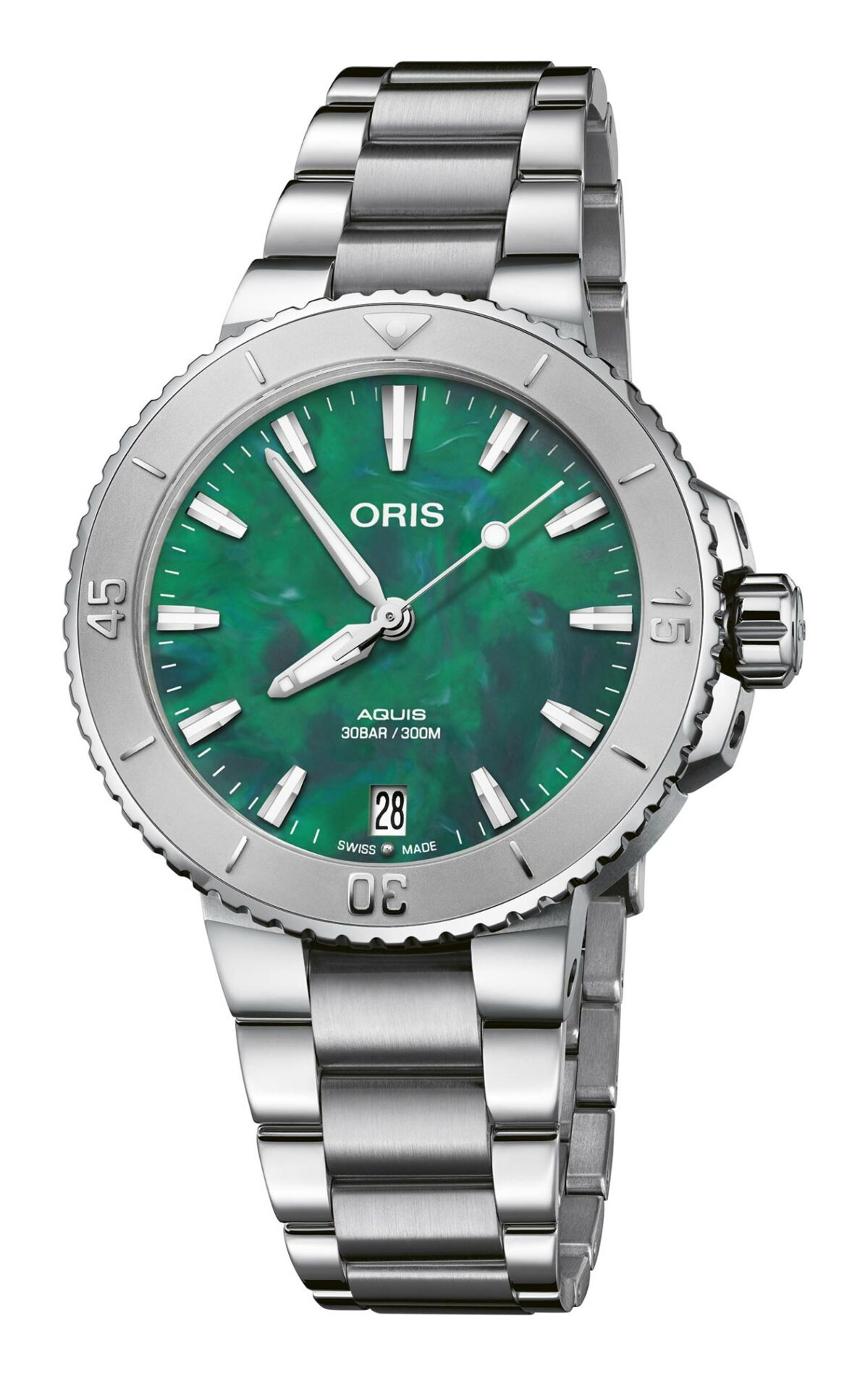 Oris Aquis Bracenet 01 733 7770 4137-07 8 18 05P - Gioielleria Casavola di Noci - orologio automatico svizzero da donna con quadrante verde in plastica riciclata