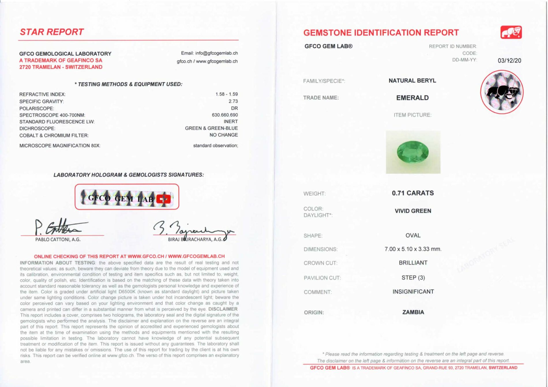 Anello rosetta smeraldo Zambia 0.71 ct Prestige White - Gioielleria Casavola di Noci - certificato del laboratorio di gemmologia GFCO