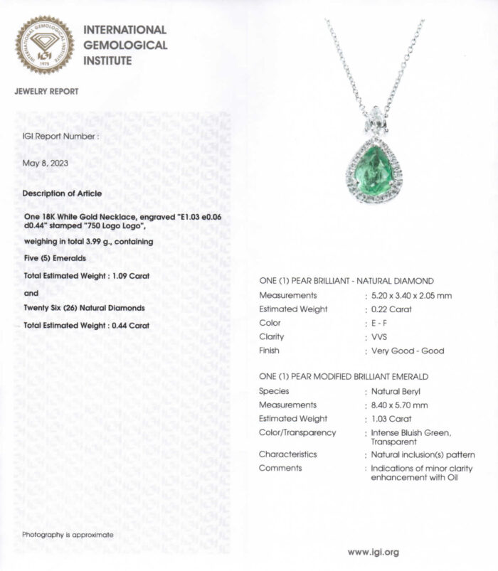 Collana smeraldo colombiano taglio goccia Prestige con certificato dell'Istituto Internazionale di Gemmologia IGI - Gioielleria Casavola di Noci