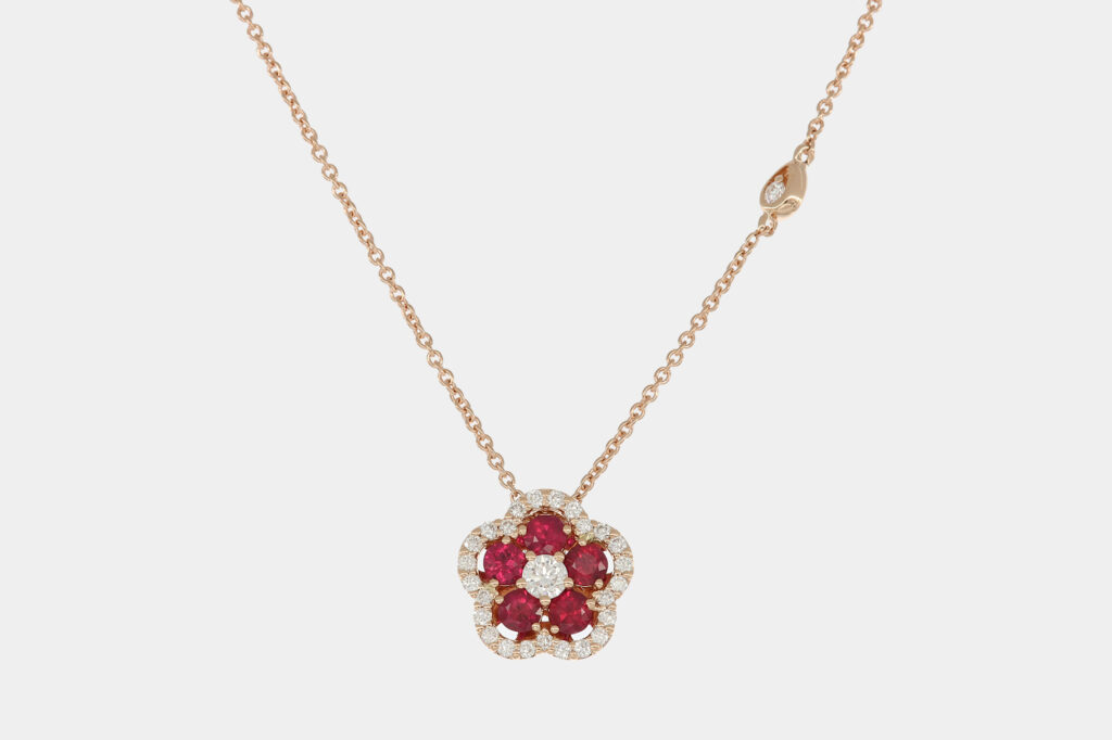 Collana fiore rubini Cornflower Nature Rosè - Gioielleria Casavola di Noci - idee regalo compleanno 18 anni ragazza - in oro rosa con diamanti