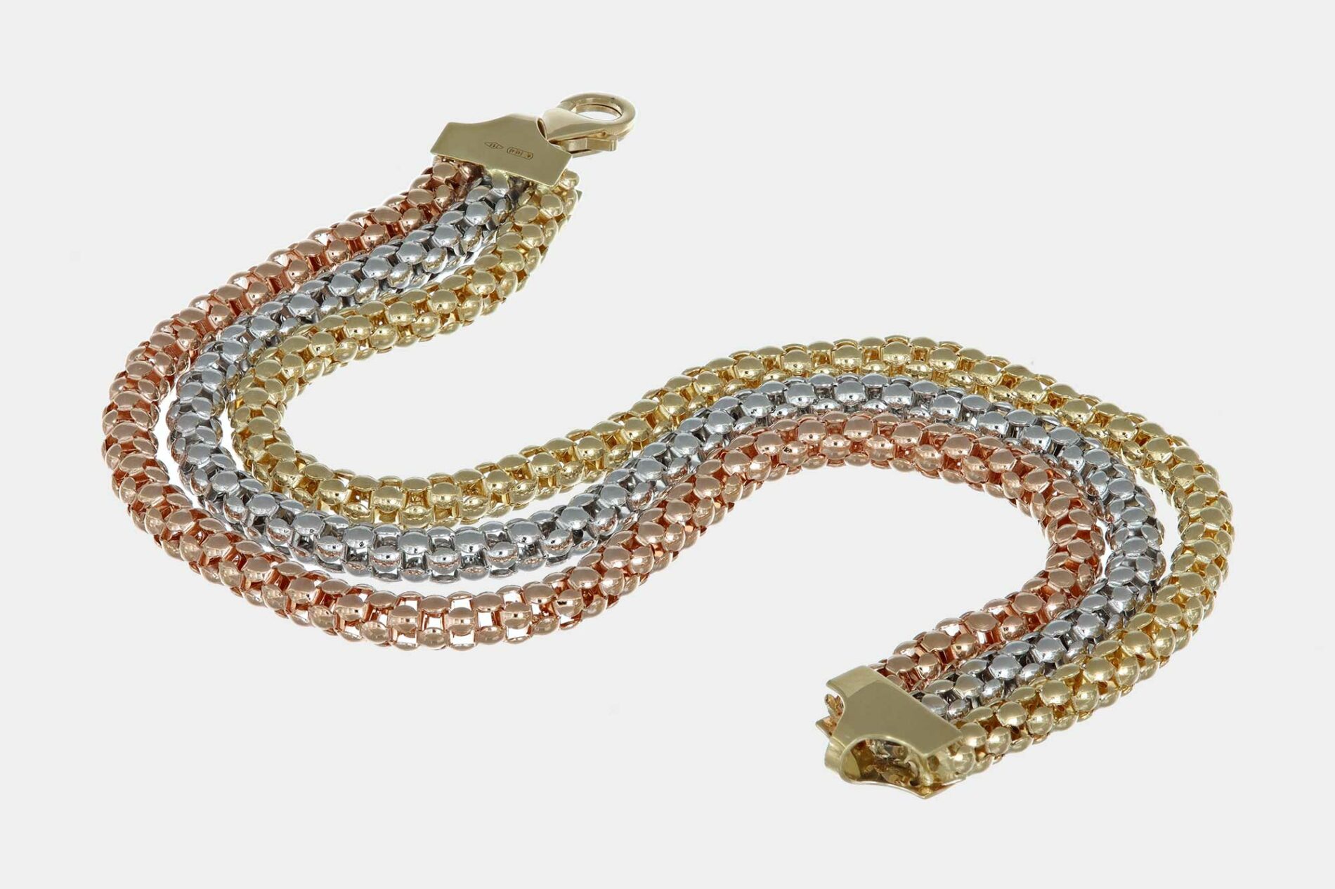 Bracciale tre ori 22.30 gr - Gioielleria Casavola di Noci - trittico con moschettone in oro giallo - idee regalo compleanno 50 anni moglie