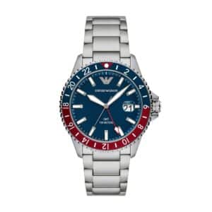 Emporio Armani Orologi AR11590 - Gioielleria Casavola di Noci - orologio GMT in acciaio INOX con ghiera bicolore rosso blu stile pepsi