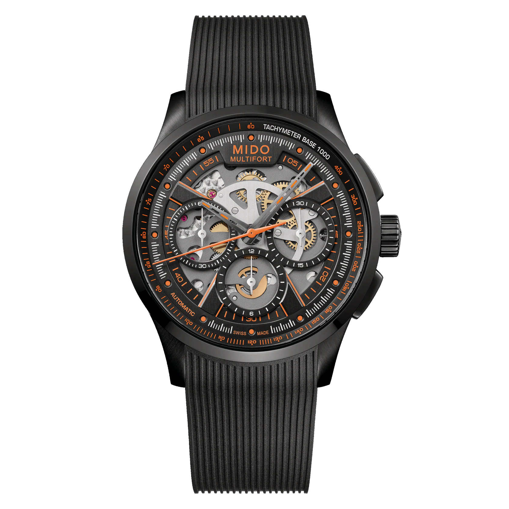 Mido Multifort Skeleton Chronograph M038.662.37.050.00 - Gioielleria Casavola di Noci - cronografo automatico svizzero con vetro zaffiro - cinturino in gomma color nero