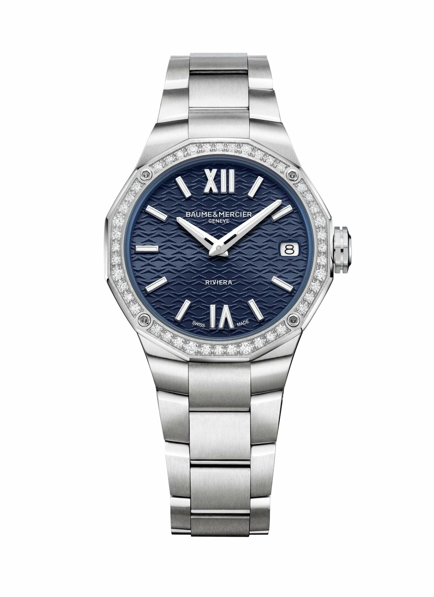 Baume et Mercier Riviera M0A10765 - Gioielleria Casavola di Noci - orologio svizzero da donna - quadrante blu - ghiera con 44 diamanti