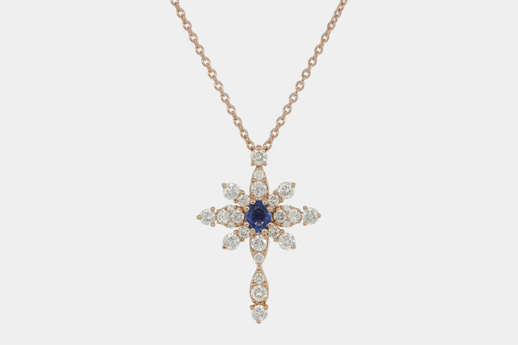 Collana Long Snowflake diamanti e zaffiro Rosé - Gioielleria Casavola di Noci - in oro rosa con diamanti