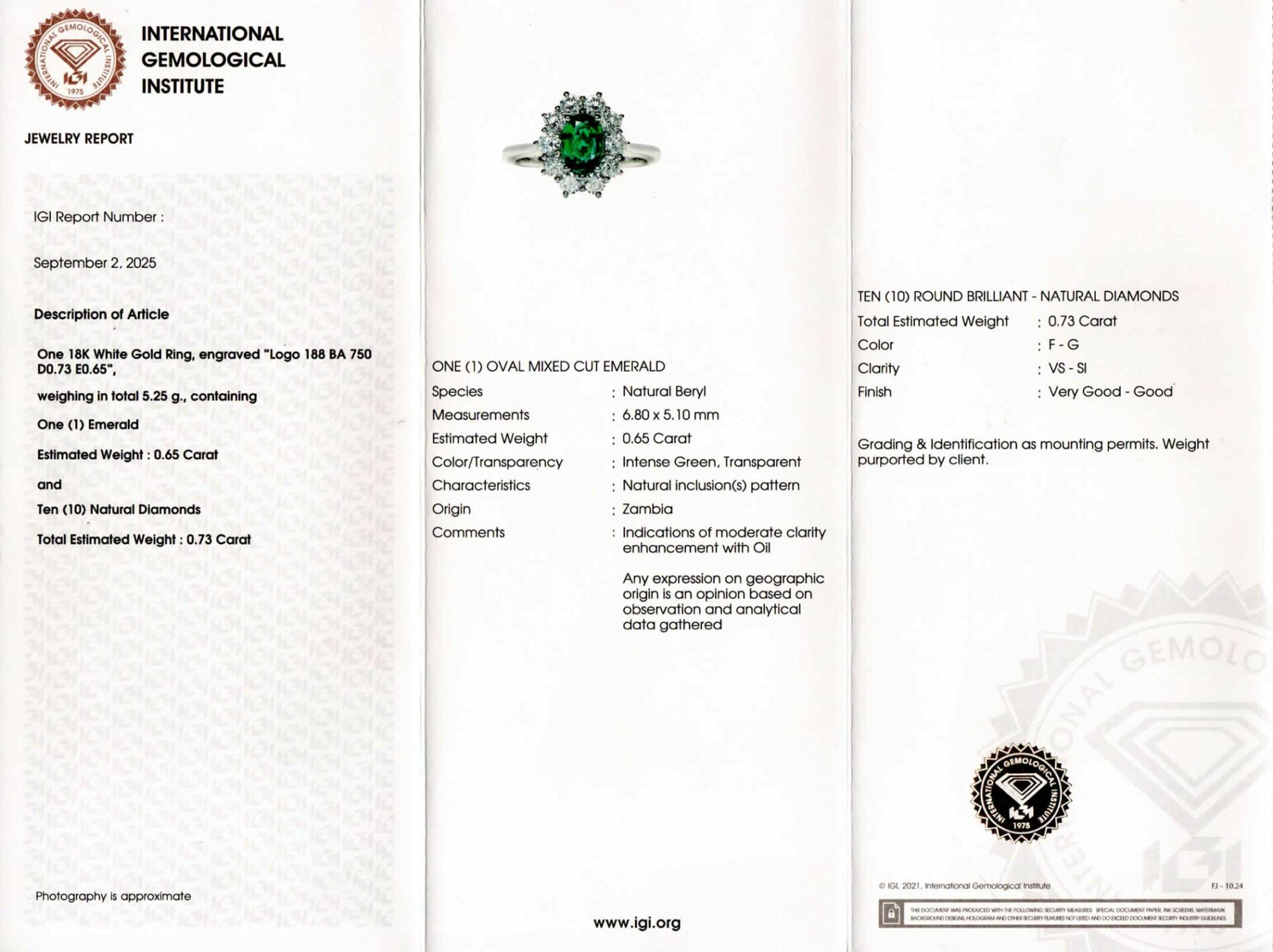 Anello rosetta smeraldo Zambia 0.65 ct Prestige White - Gioielleria Casavola di Noci - gioiello certificato dall'Istituto Internazionale di Gemmologia IGI