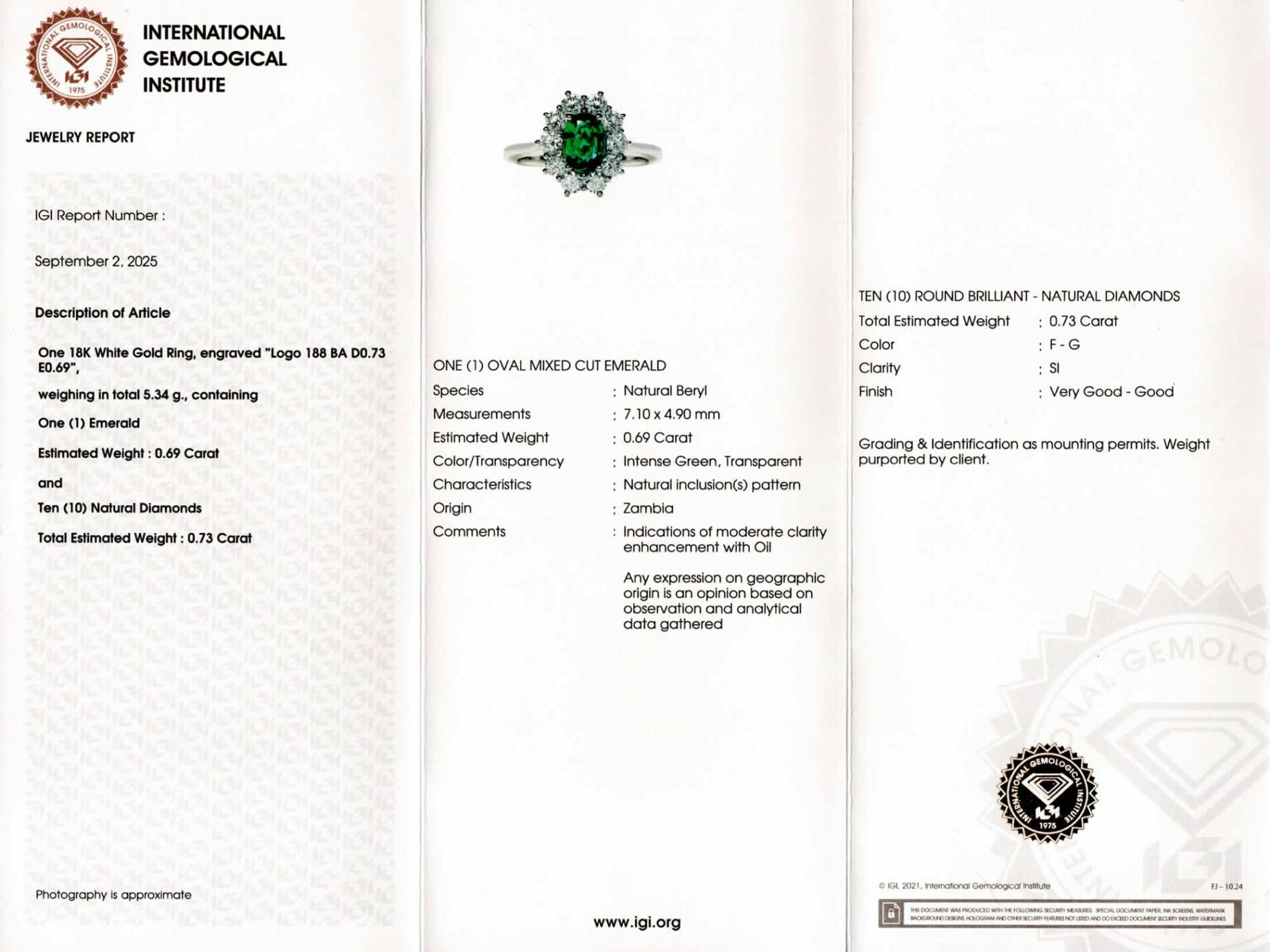 Anello rosetta smeraldo Zambia 0.69 ct Prestige White - Gioielleria Casavola di Noci - gioiello certificato dall'Istituto Internazionale di Gemmologia IGI