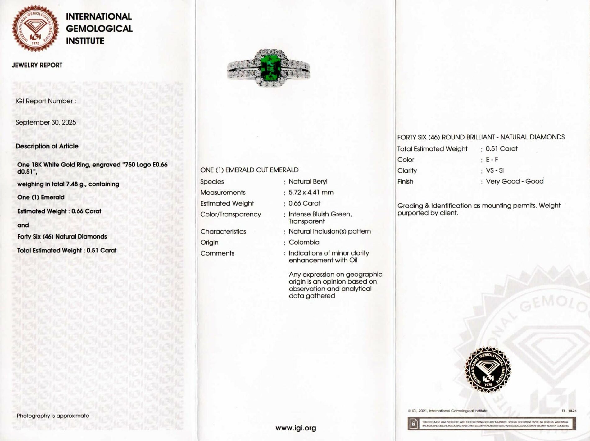 Anello smeraldo 0.66 ct pavé Prestige White - Gioielleria Casavola di Noci - certificato dell'Istituto Internazionale di Gemmologia IGI